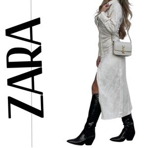 ZARA JACQUARD SHIRTDRESS Sz M Cream Button Down Maxi dress